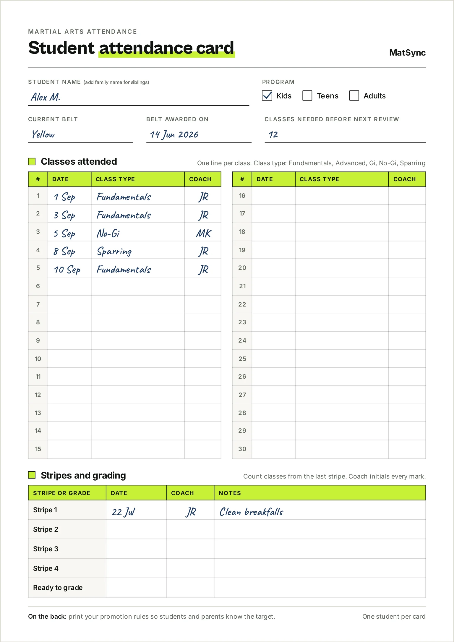 Printable martial arts attendance card with student details, 30 class lines for date, class type and coach initials, and a stripes and grading section