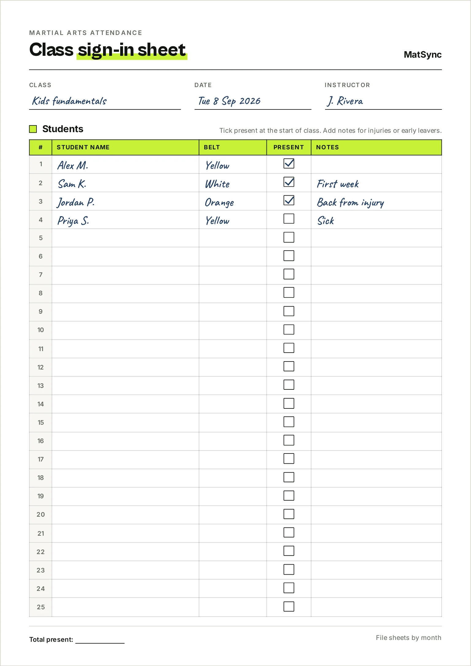 Printable martial arts class sign-in sheet with class, date and instructor fields and lines for student name, belt, a present tick box and notes
